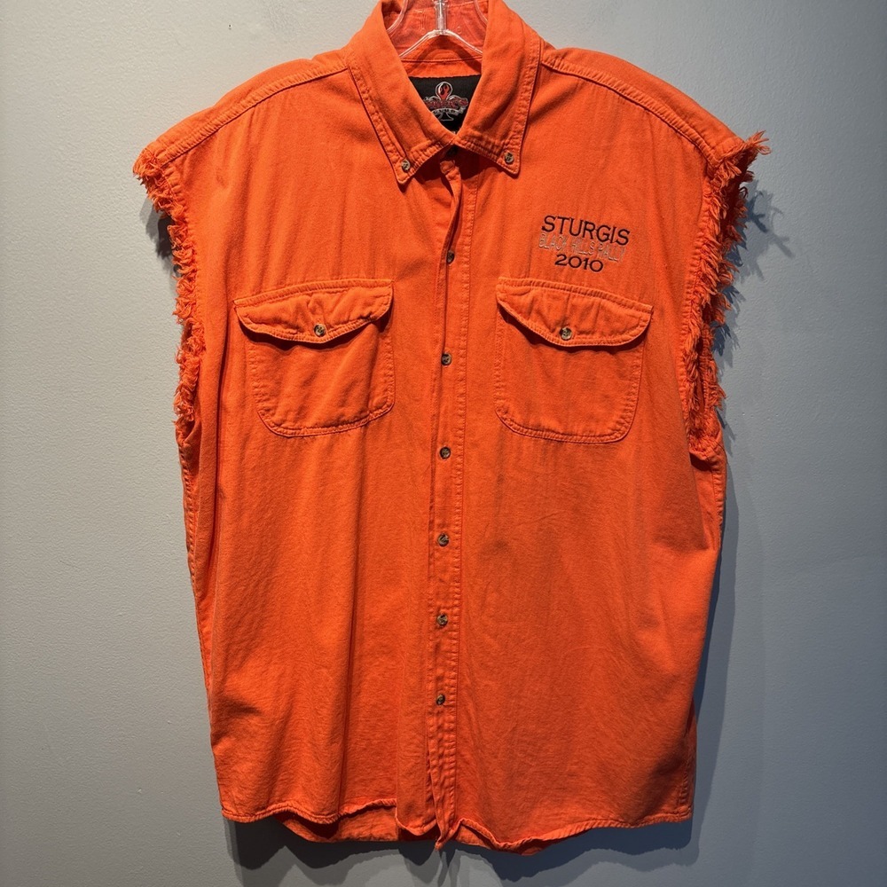 Men's Orange Biker Muscle Shirt 2010 Sturgis‎ Bike Week Cutoff Vintage Sz2XL